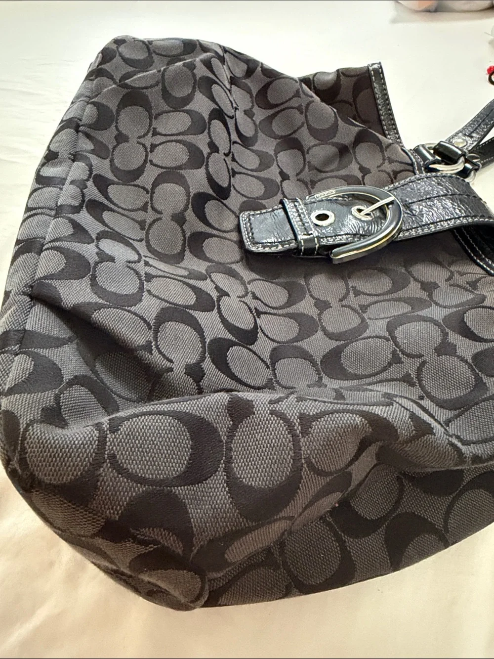 Coach Black Signature Logo Shoulder Bag with Buckle Detail